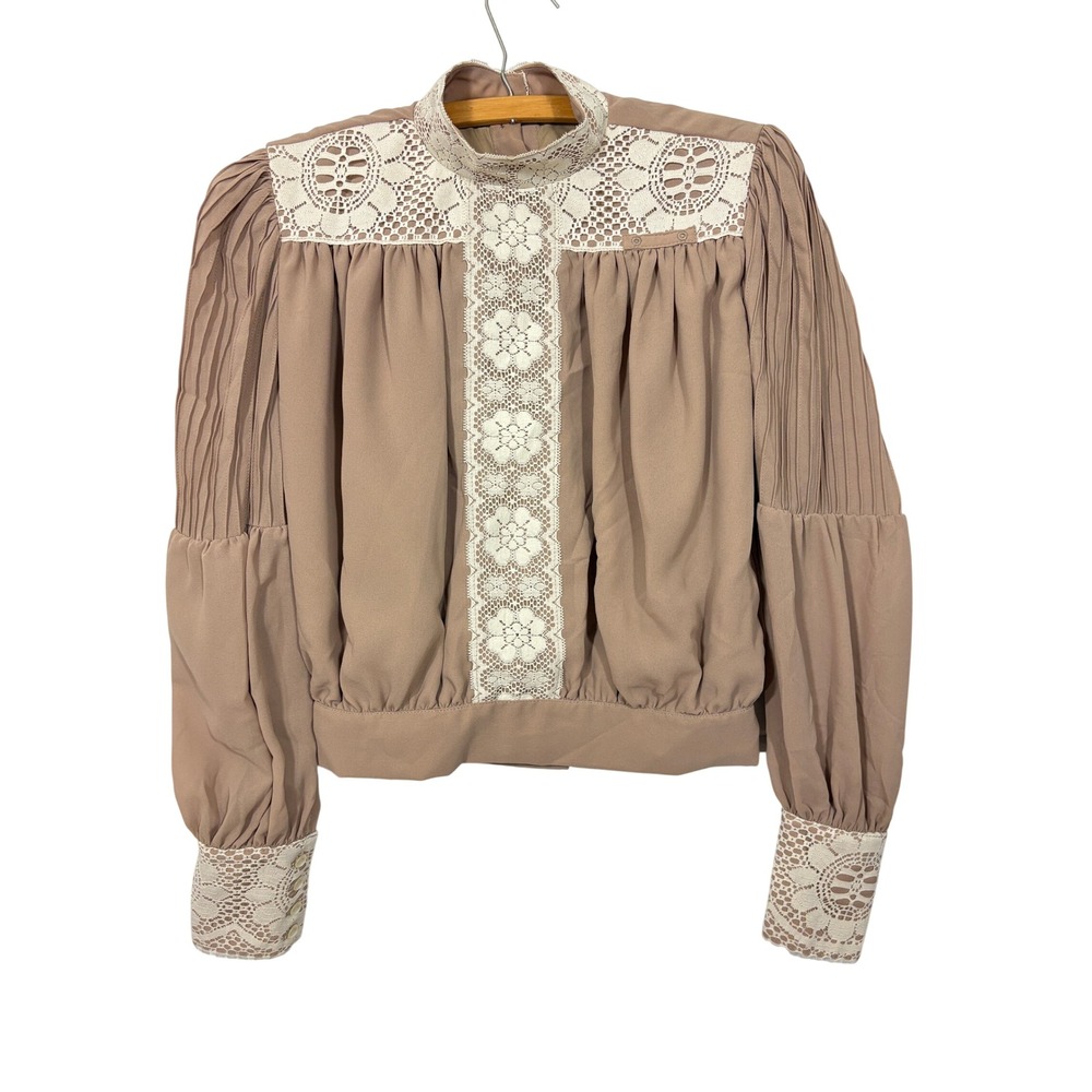 Disney Grand Floridian Vintage Lace Pleated Blouse Taupe Tan Victorian Top 6 S